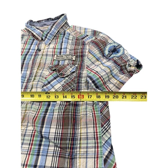 Rolling Paper Shirt Men’s Large Pearl Snap Plaid Patches Short Sleeve READ DESCR - Picture 9 of 10
